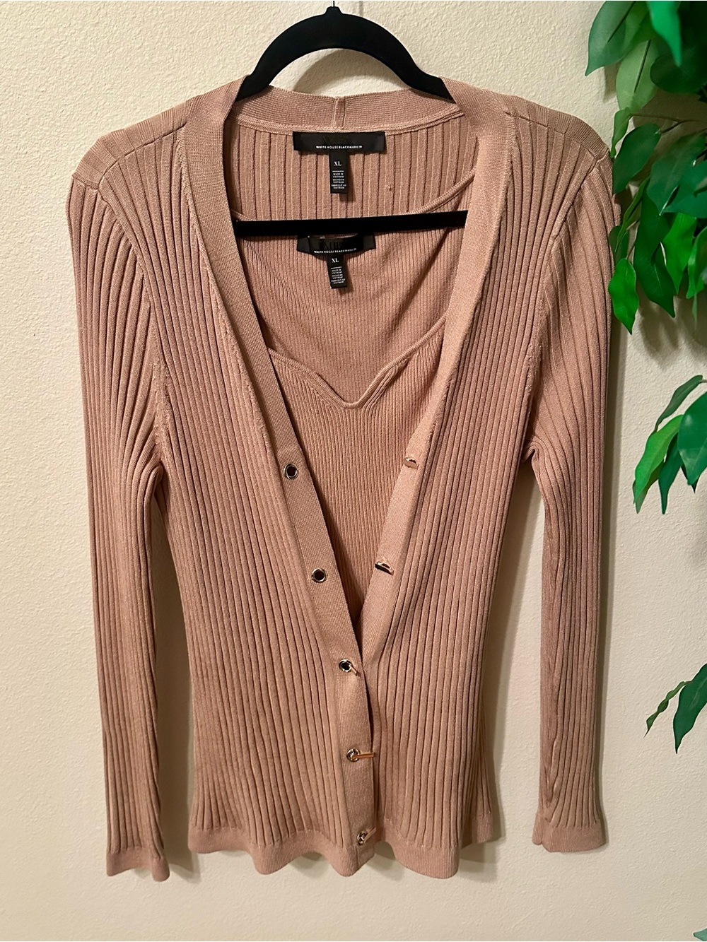 White House Black Market Ribbed Cardigan & Tank Set XL Light Brown